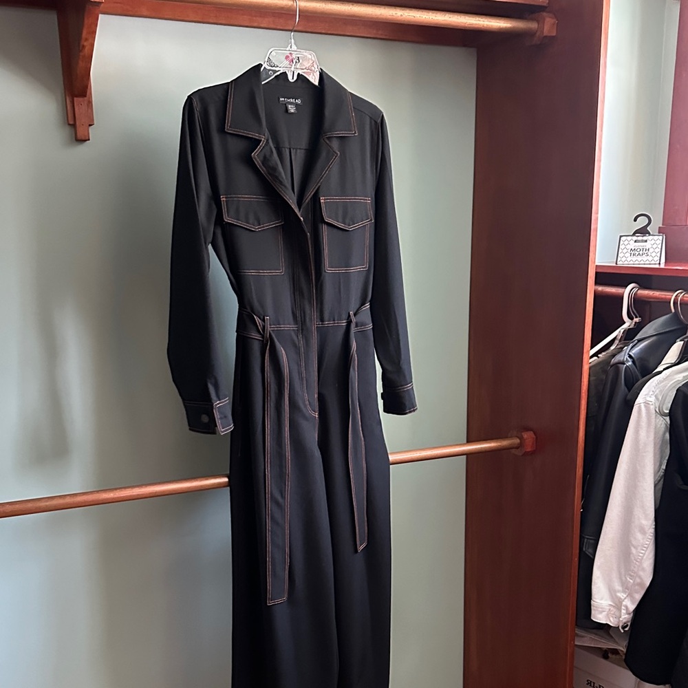 BLack with Long Sleeve jumpsuit/cropped leg with RustContrast Stitching